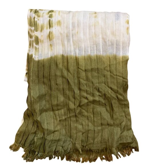 Handmade Tie-Dye Olive/Cream Pleated 100% Viscose Wrap/Scarf w/ Fringe In India - Picture 3 of 5